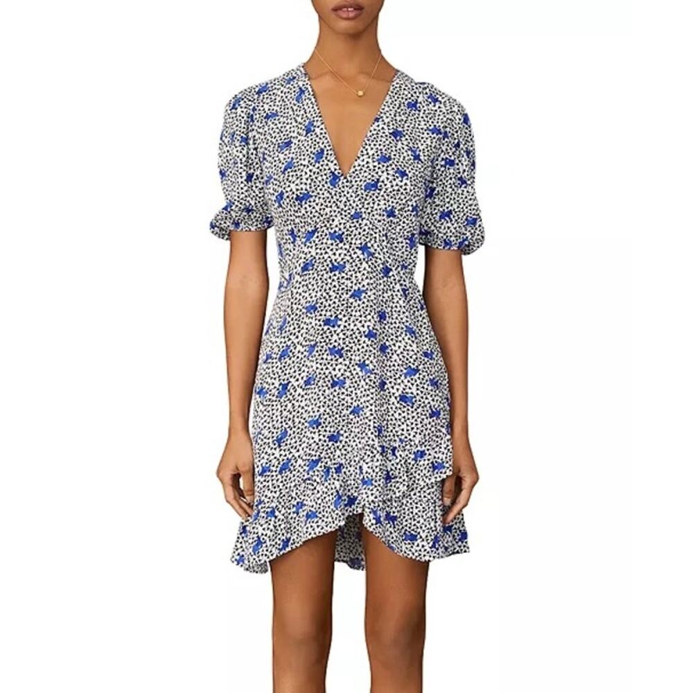 EUC Maje Ripensee Blue Floral Print Crepe Mini Dress Ruffle Hem Size‎ 34 XS